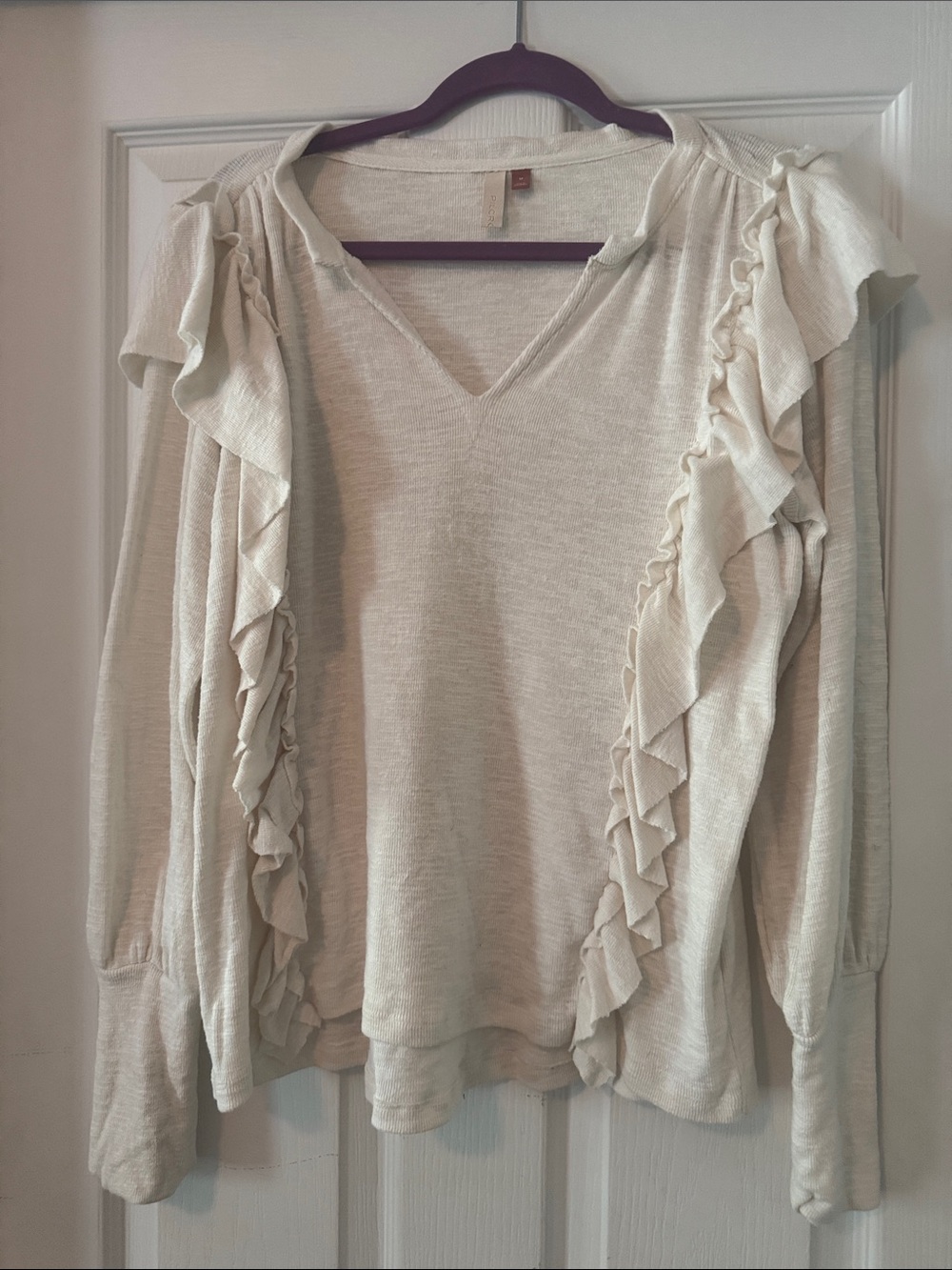 Pilcro Cream Ruffle V-Neck Pullover
